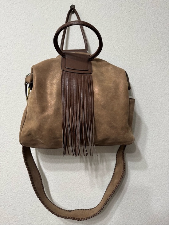 HOBO Handbags - HOBO Original Fringe Accent Suede Shoulder Bag in Taupe and Dark Brown